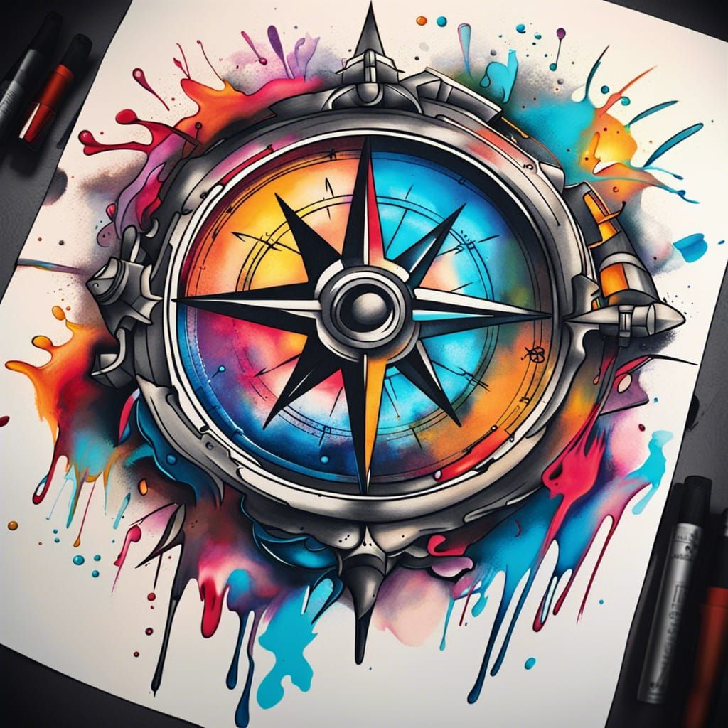Colorful Graffiti Art Compass Tattoo Designs