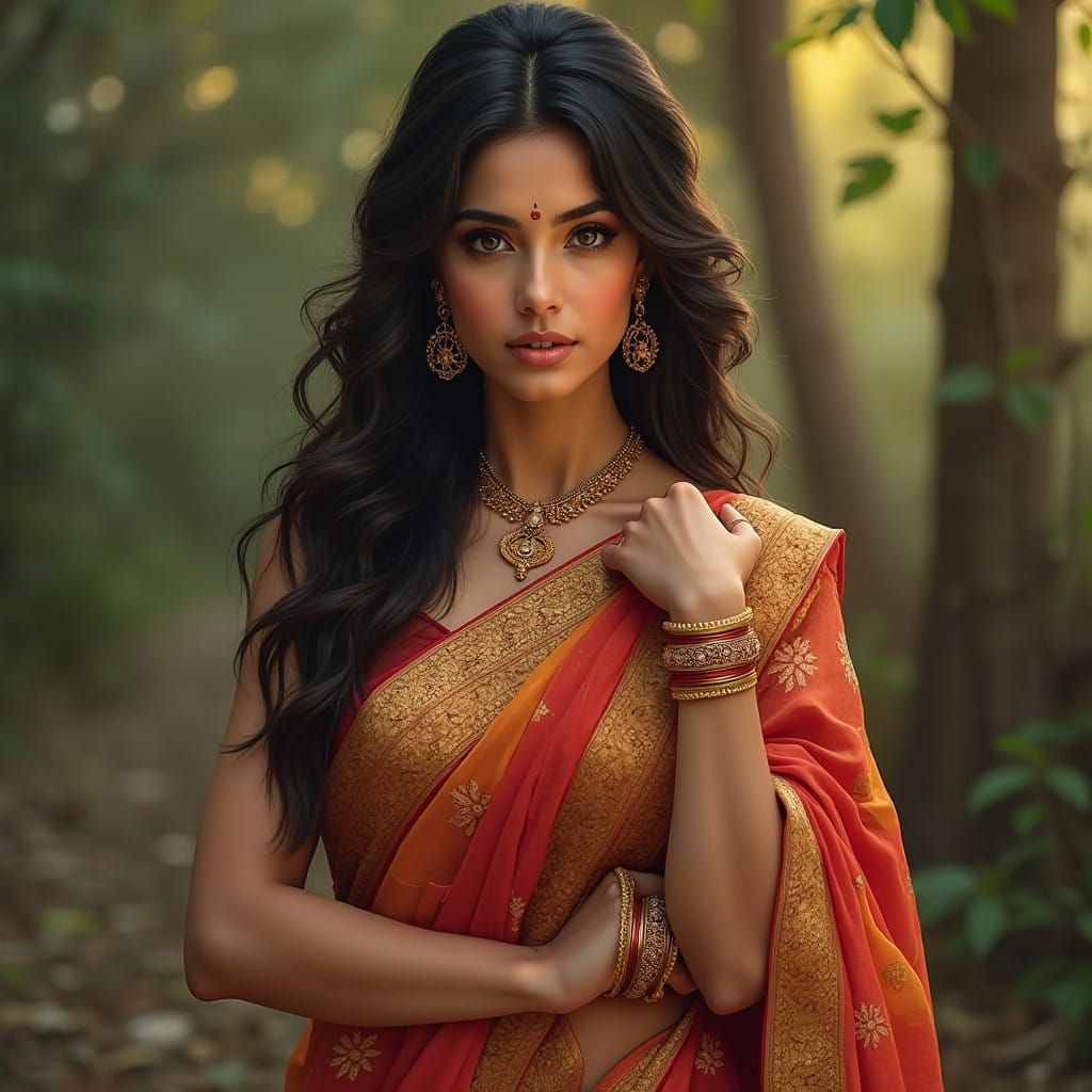 Glamorous Indian Goddess in Photorealistic Saree Portrait