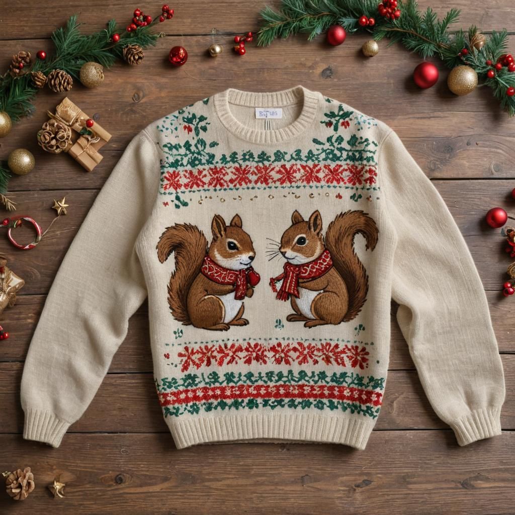 Christmas Sweater with Adorable Squirrels in Folk Art Embroi...
