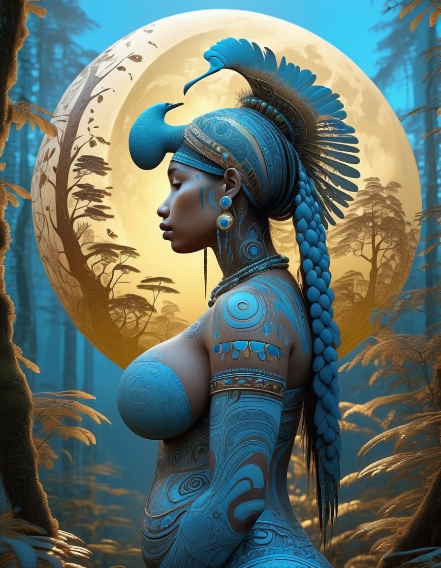 Dodo Woman in Haida-Inspired Forest with Moon