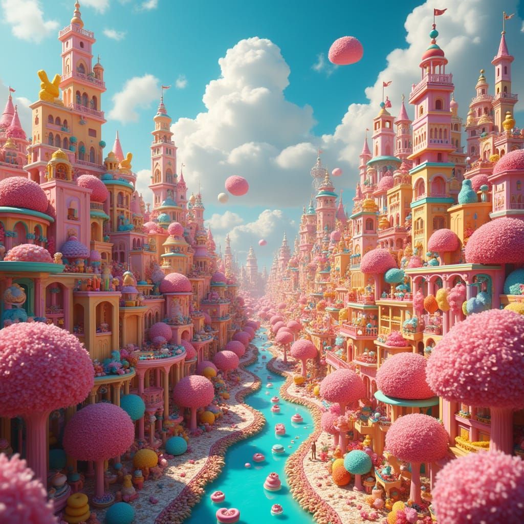 Whimsical Candy Cityscape with Gummy Bear Skyscrapers and Ch...