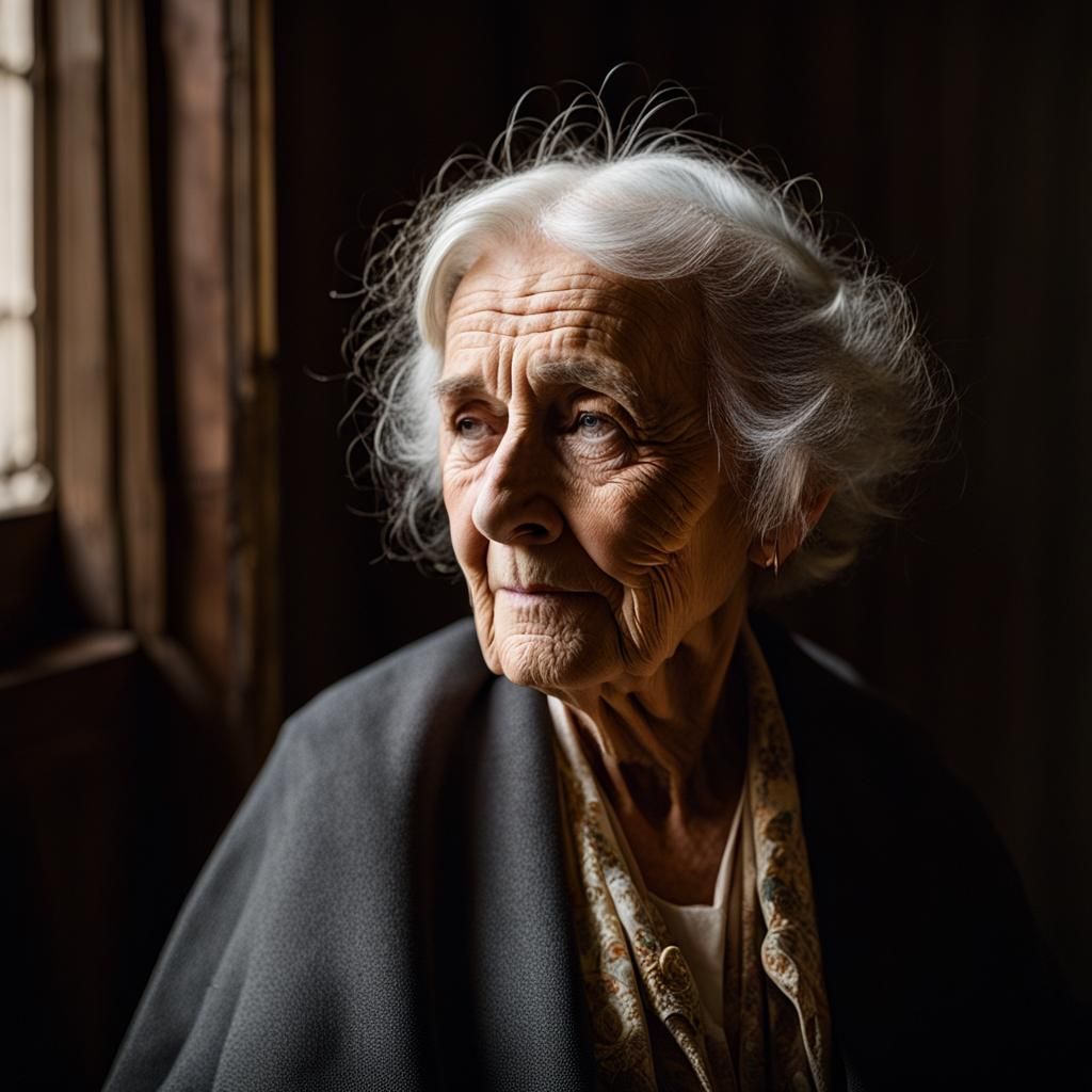 Elderly Woman in 1850s Dress with Childlike Demeanor