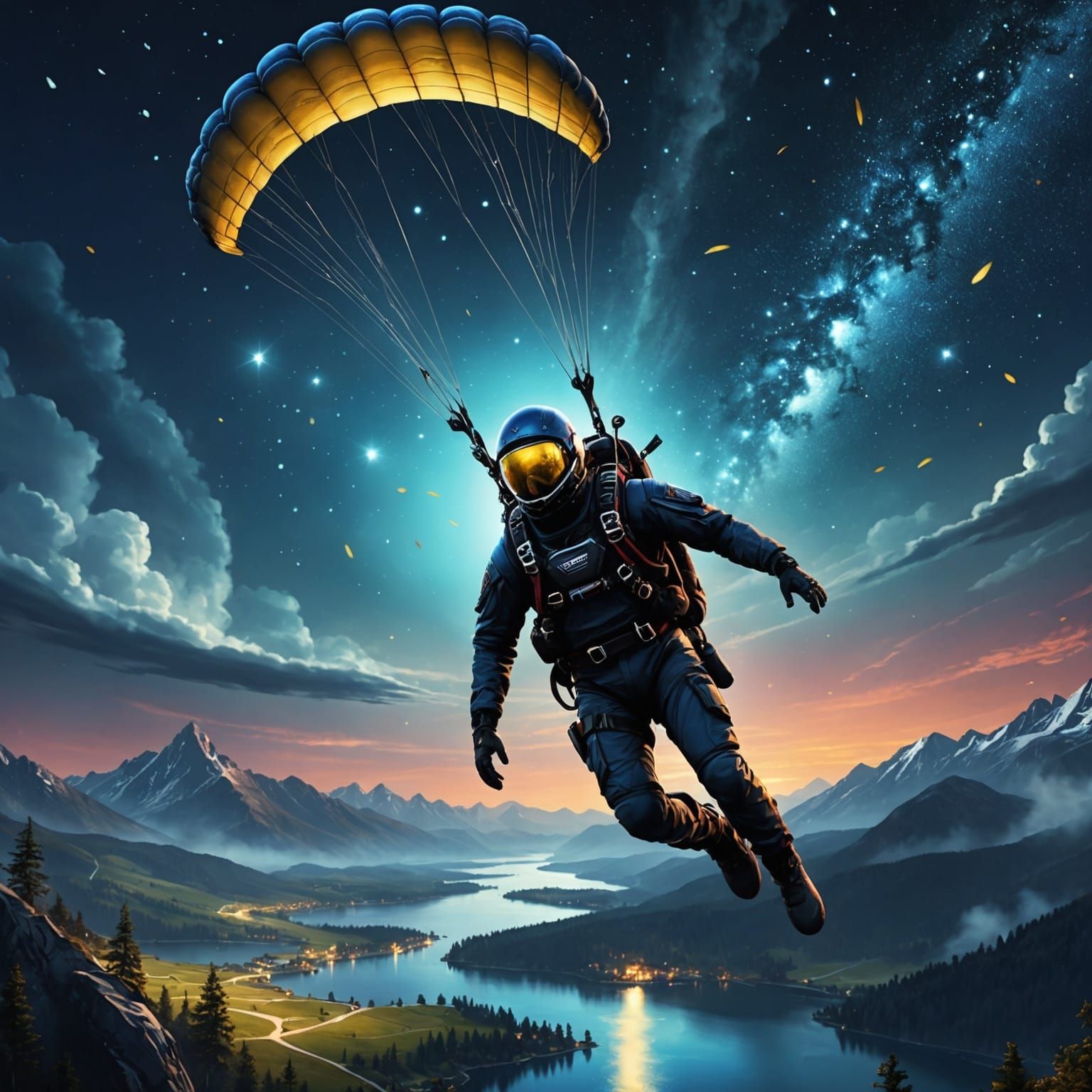 Glittering Skydiver in Moonlight Ink Landscape