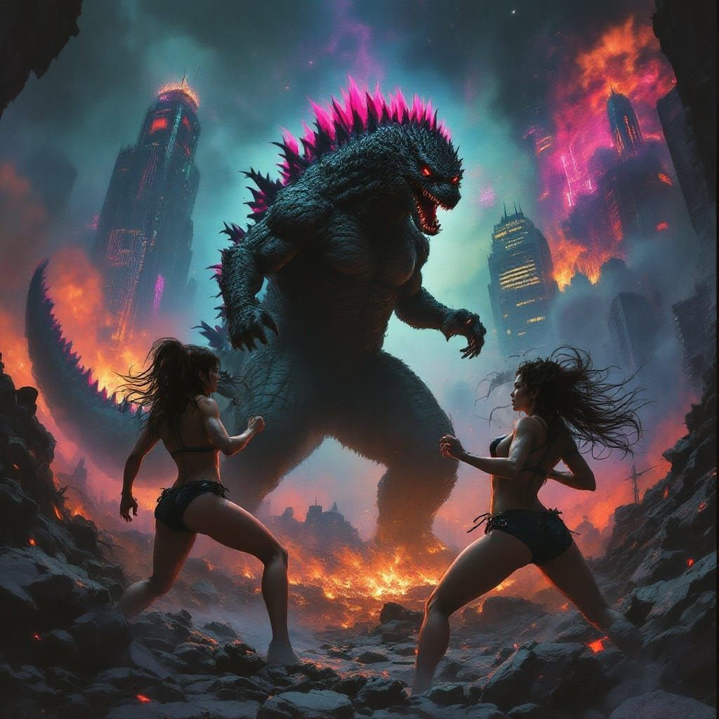 Women in Bikinis Battle Godzilla in a Fiery Aesthetic