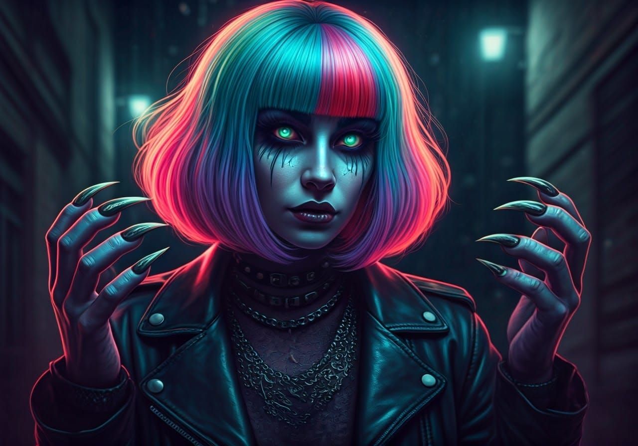 Werewolf in Rainbow Wig: Gothic Futuristic Portrait