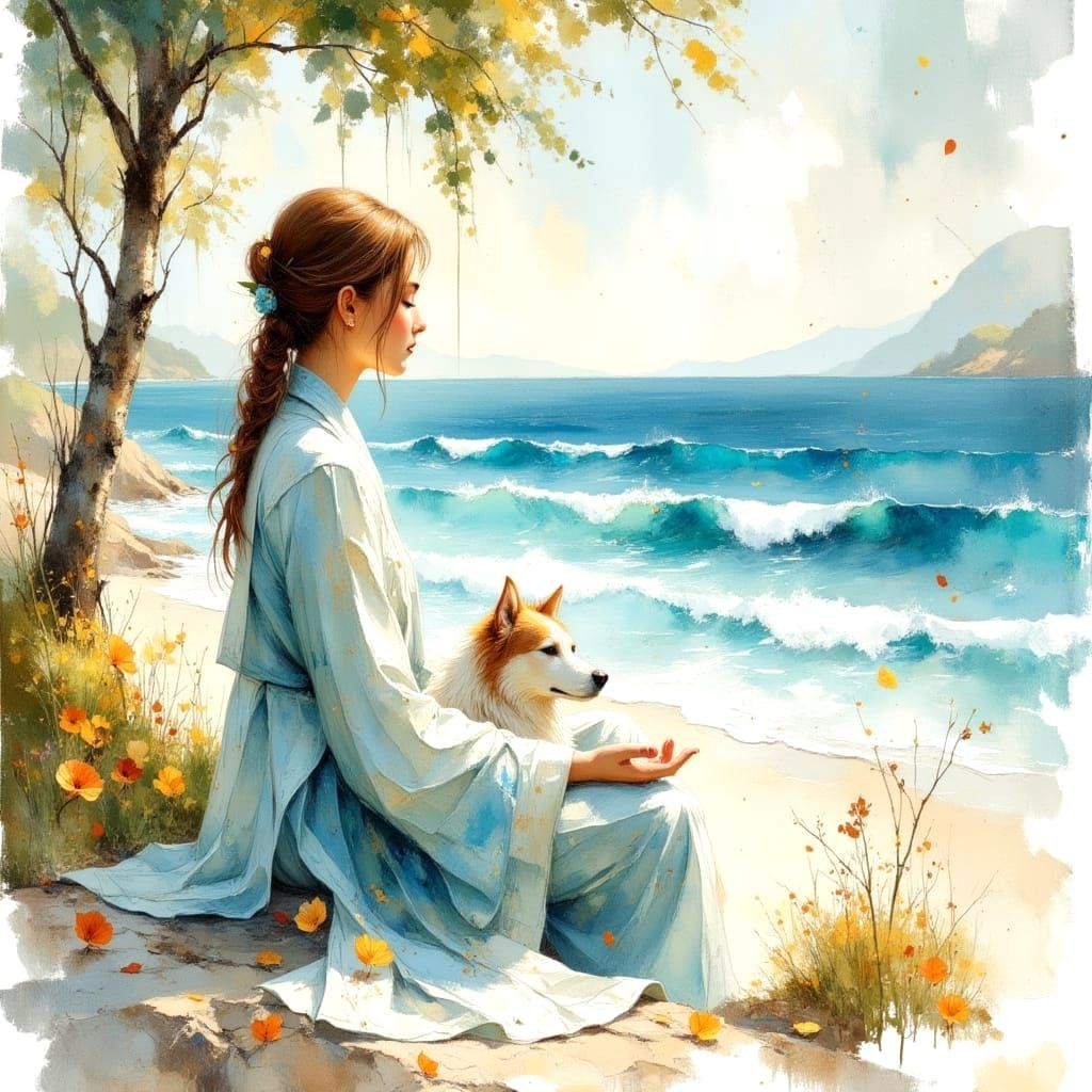 Meditative Woman with Dog in Seaside Pavilion