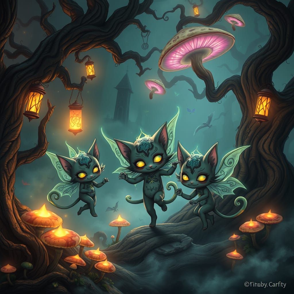 magic, wild fey,  chibi  neko fey creatures and wisps of arc...