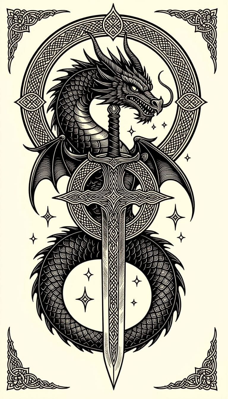 Mystical Dragons and Runes in Bold Ink Style