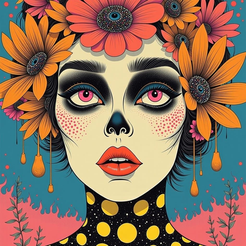 Surreal Flower Woman Portrait in Abstract Style