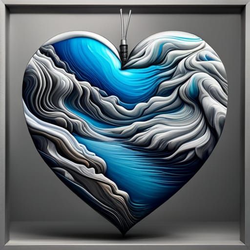 Blue and Silver Heart Sculpture in Graffiti Style