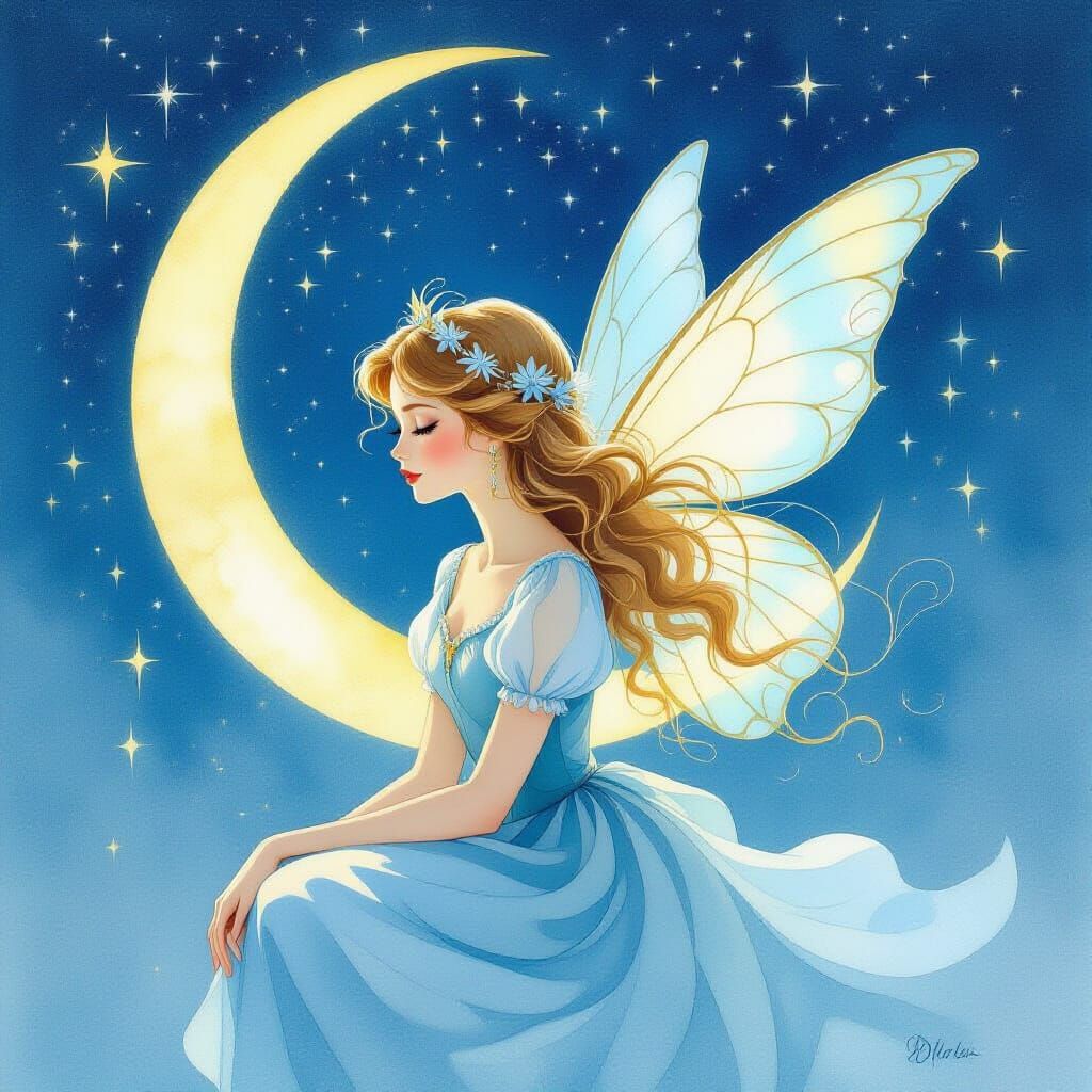 Ethereal Girl with Wings in Watercolour Fairy Tale Style