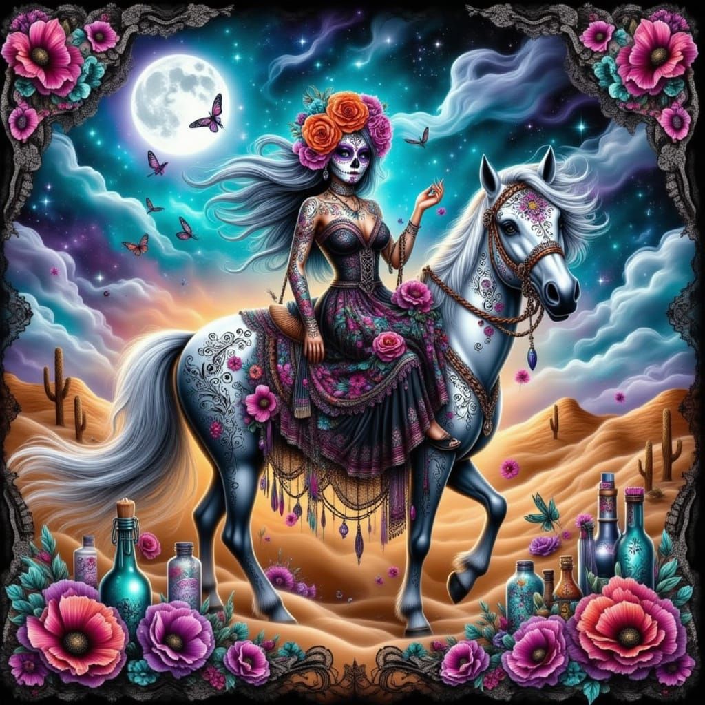 La Catrina on Horseback in Surrealist Oil Painting Style