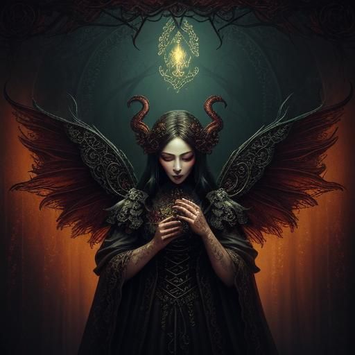 Baroque Lovecraftian Fairy in Dimly Lit Chamber