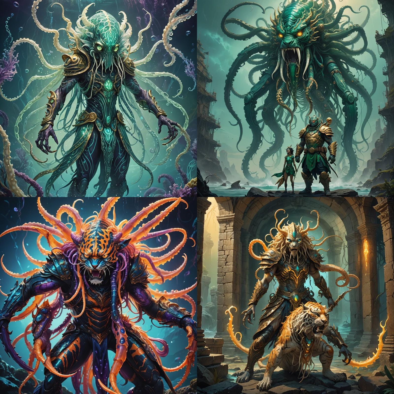Tiger squid hybrid with warrior with tentacles