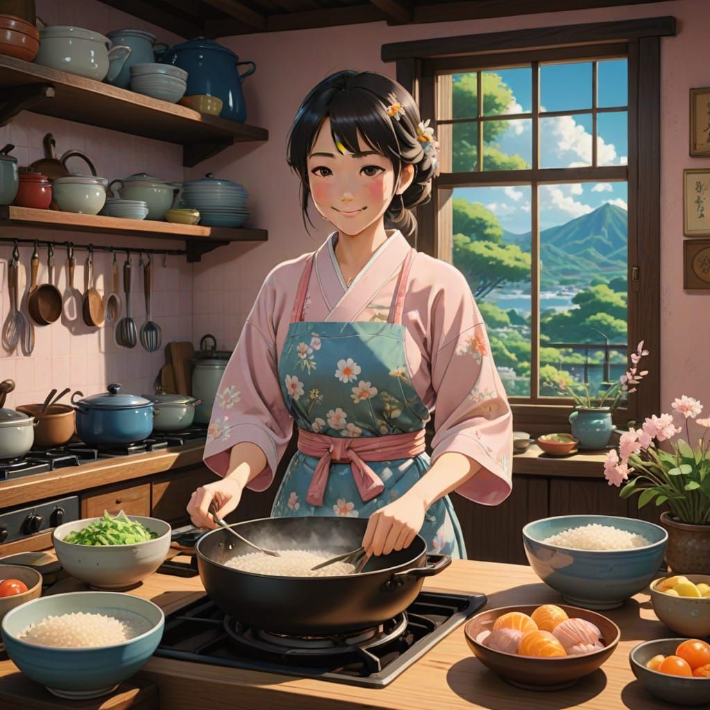 Whimsical Japanese Tradwife in Traditional Kitchen