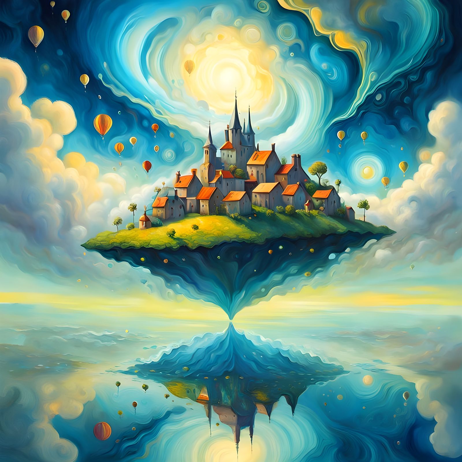 Floating Islands Village in Dreamlike Sky