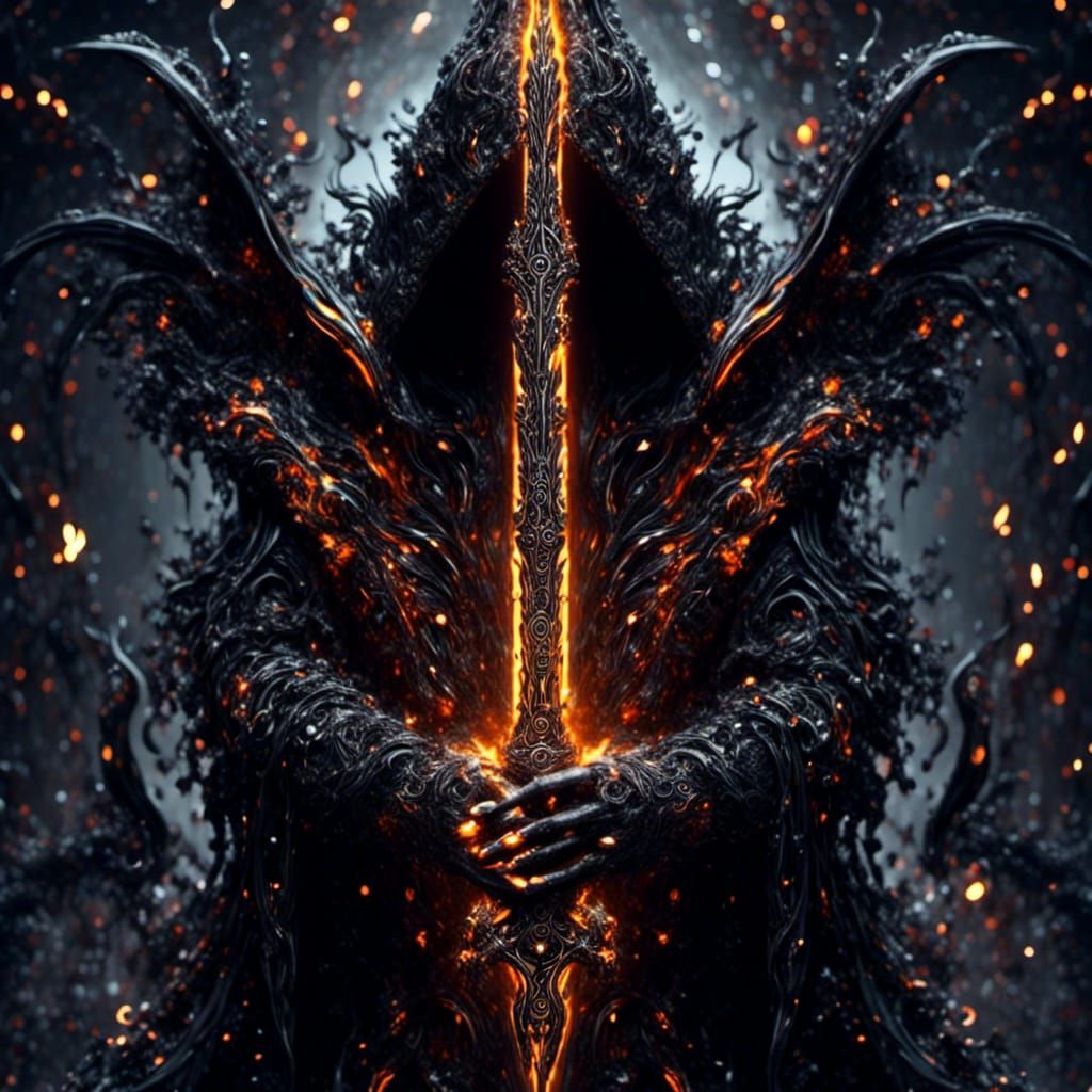 Gothic Grim Reaper with Sparkling Sword in Dark Ink