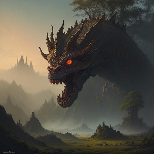 Dragon Emerges from Ancient Forest in Detailed Fantasy Art