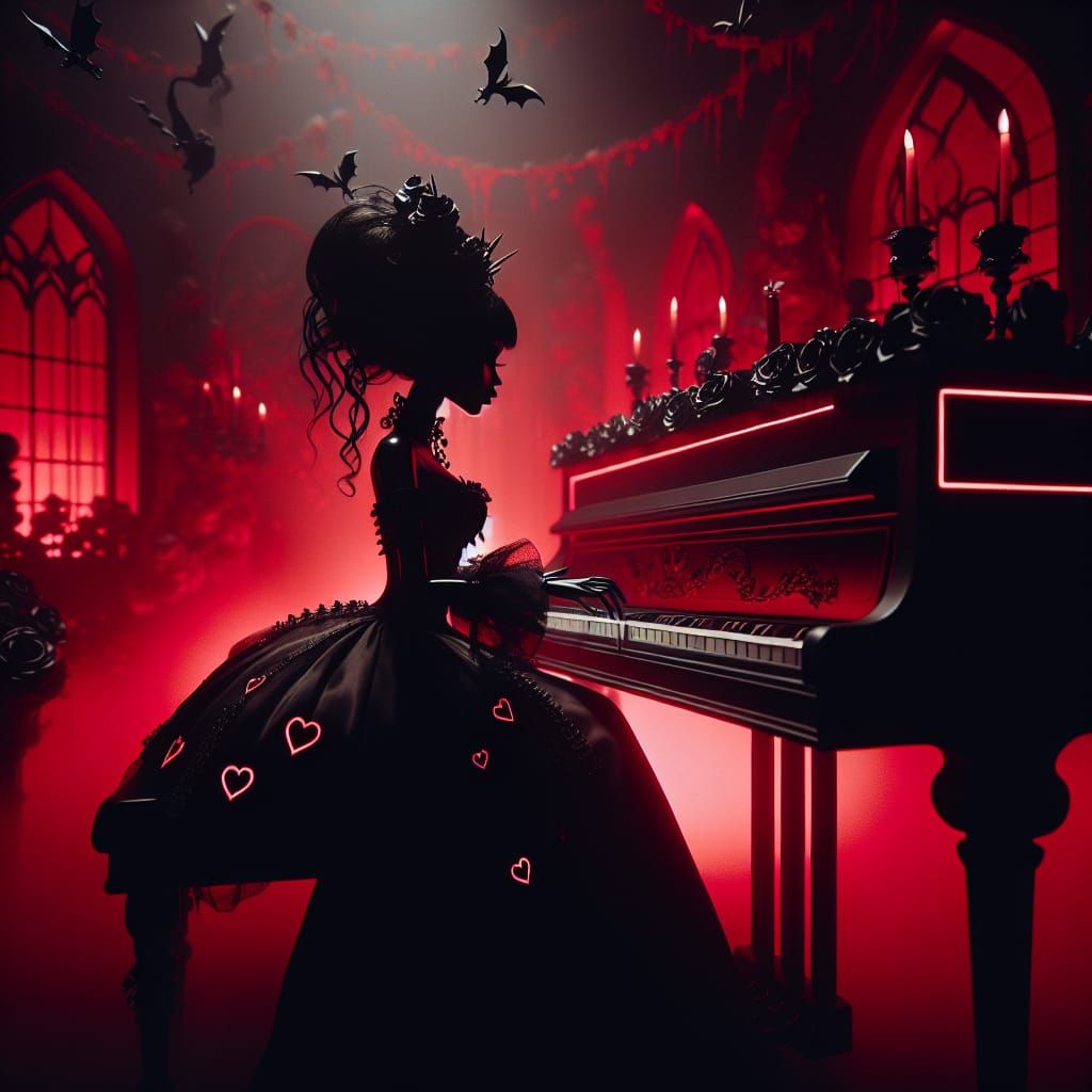 Gothic Woman at Neon Piano in Silhouette