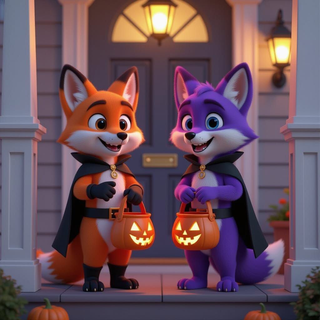 Anthropomorphic Foxes Trick-or-Treating on Halloween