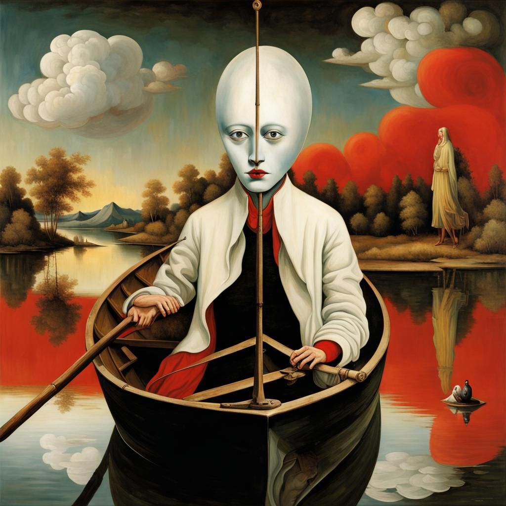 Surreal Biracial Couple on Mirrored Lake as Bosch Painting