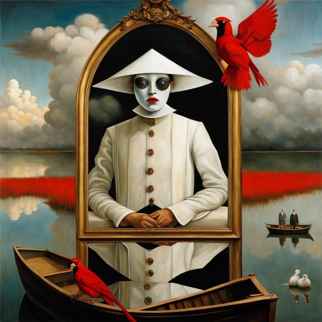 Surreal Couple on Mirrored Lake in Bosch Style