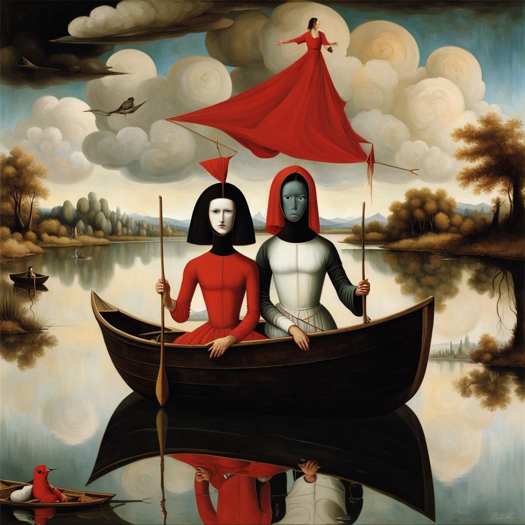 Surreal Dali-Inspired Portrait of Diverse Couple on a Lake