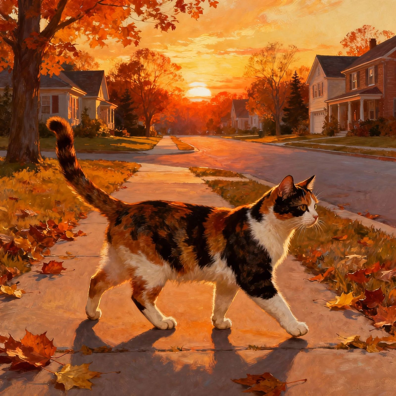 Proud Calico Cat Walks Down Suburban Sidewalk at Autumn Suns...