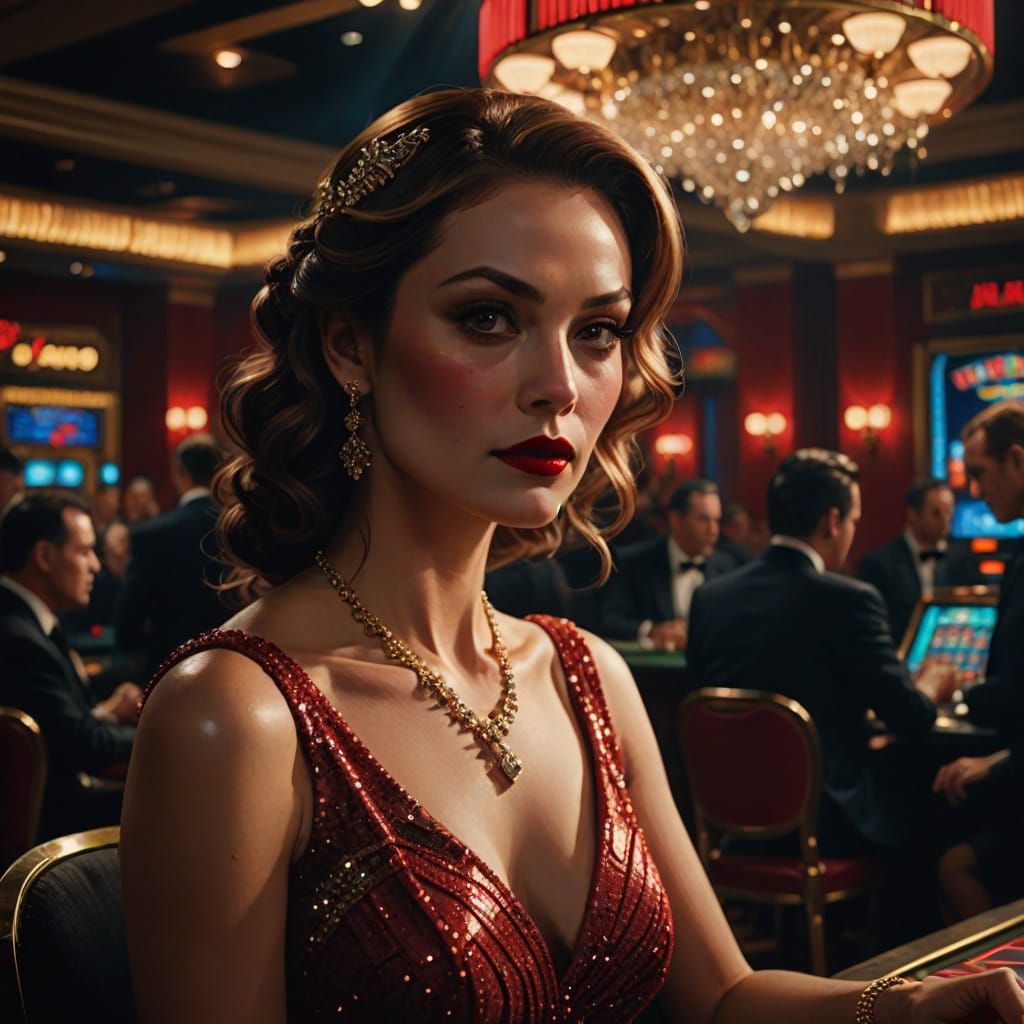 Film Noir Casino Scene with Woman in Red Dress