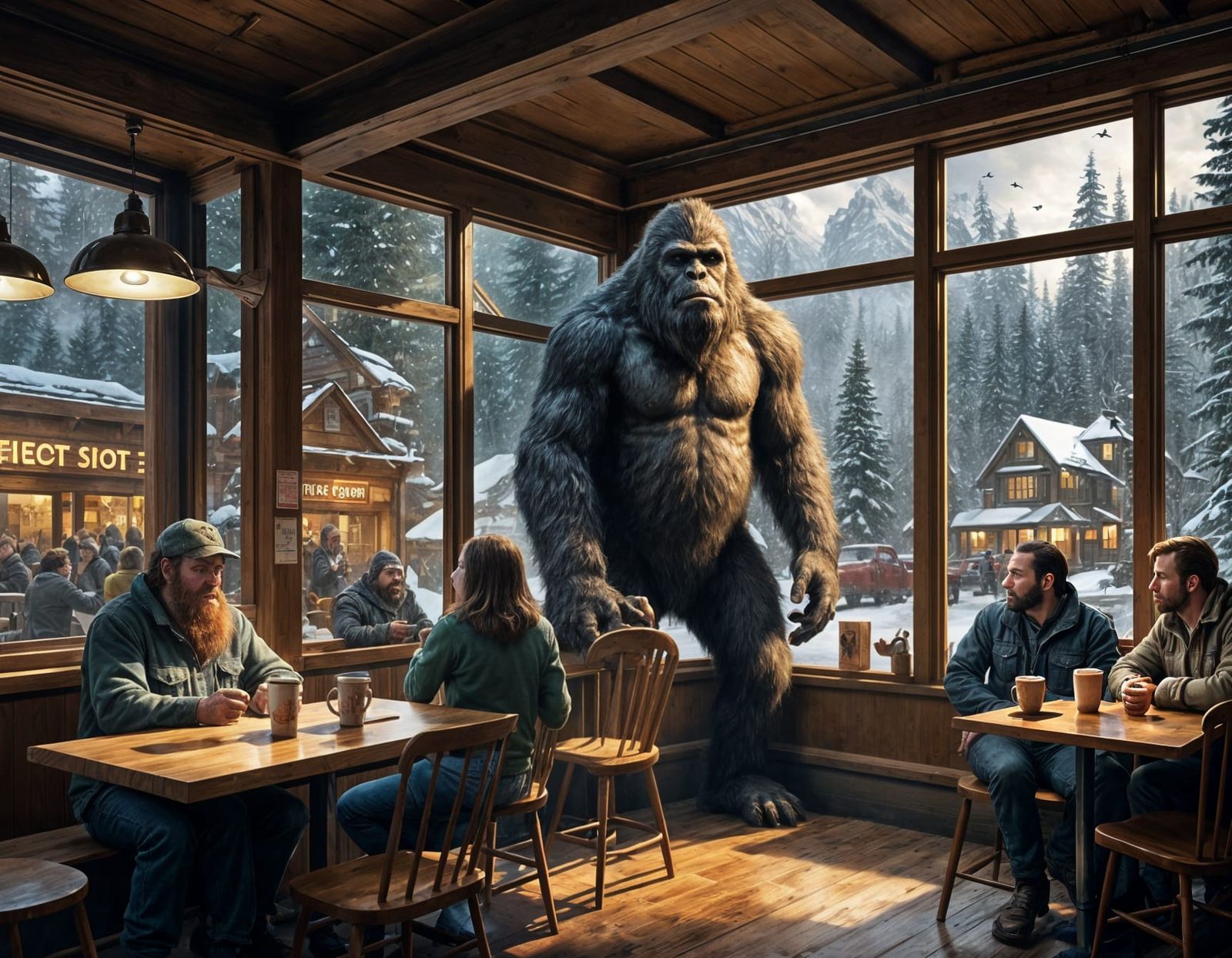Bigfoot Watches Coffee Shop Guests: Humorous Illustration