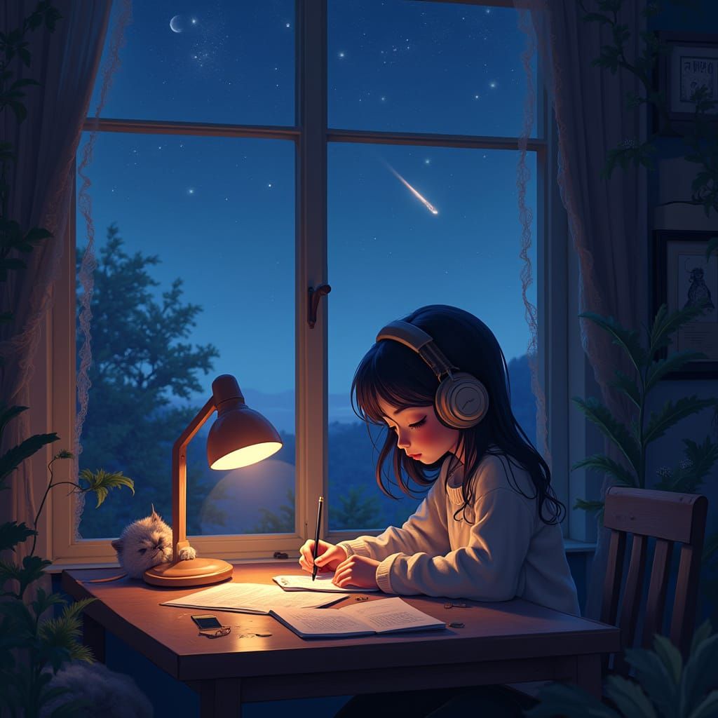 Lofi Girl Studying at Night Under Comet Sky