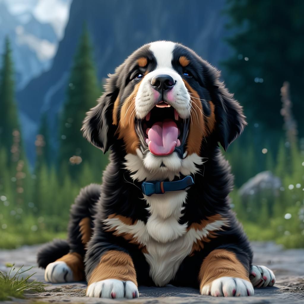 Bernese Mountain Dog Puppy Yawning: Detailed Matte Painting