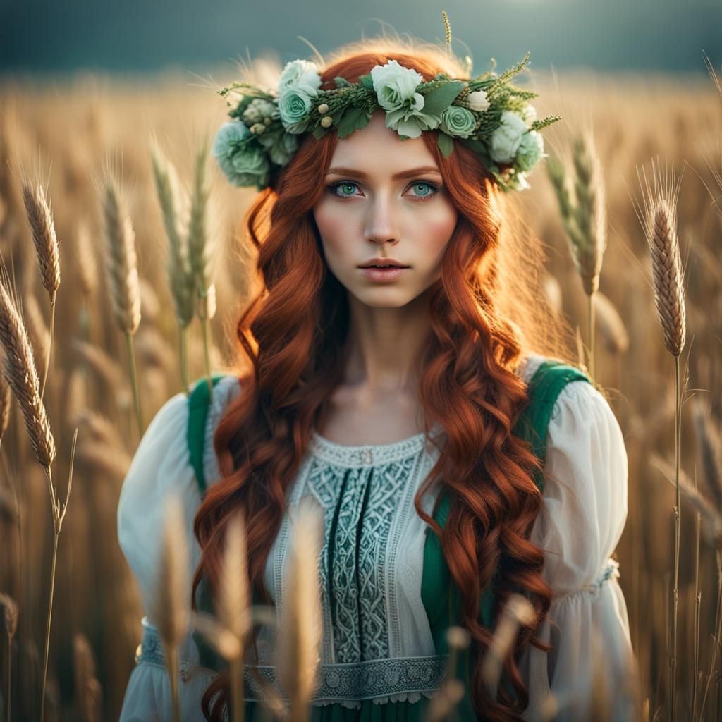 Slavic Beauty in Wheat Field, Fantasy Style