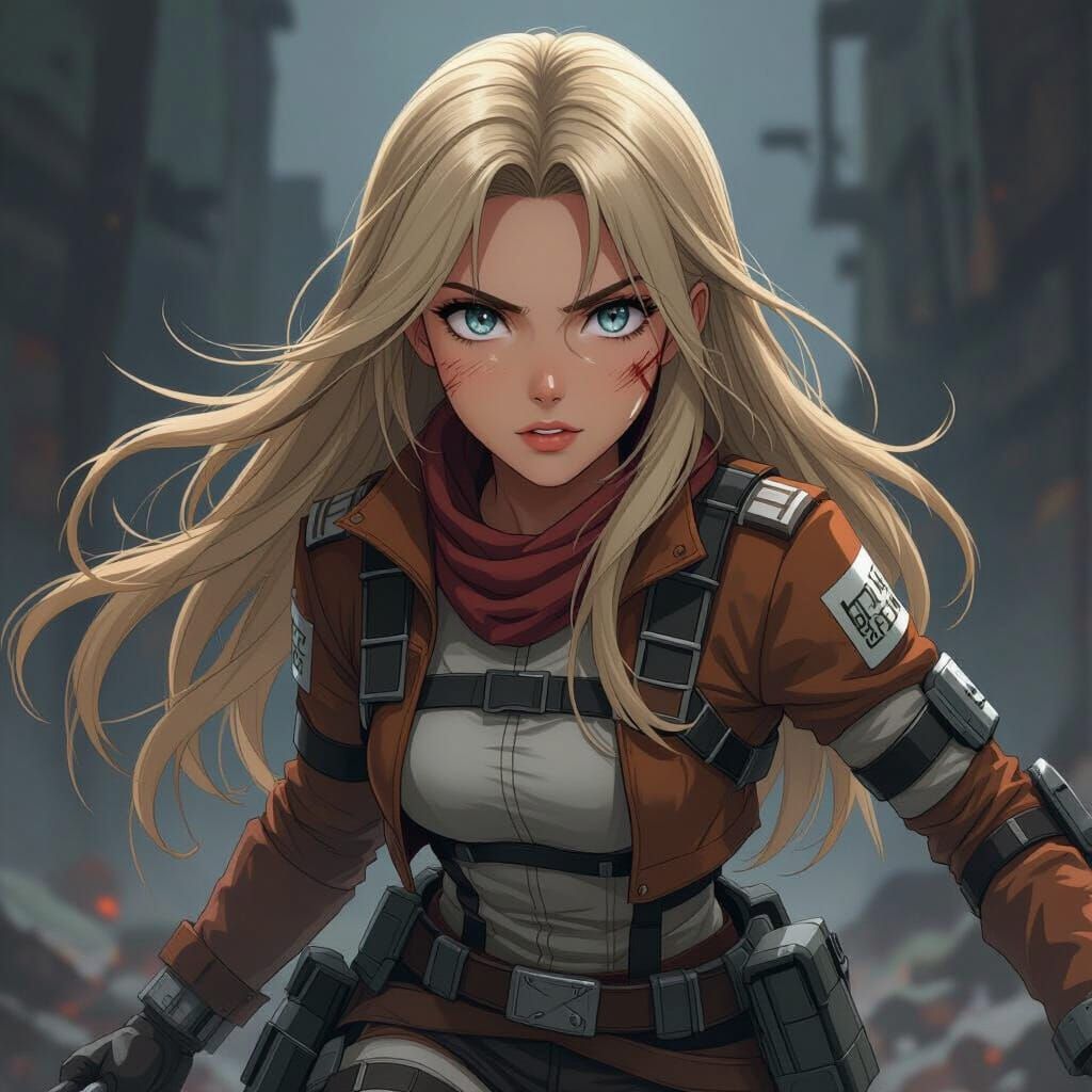 Blond Warrior Fighting Titans in Apocalyptic World