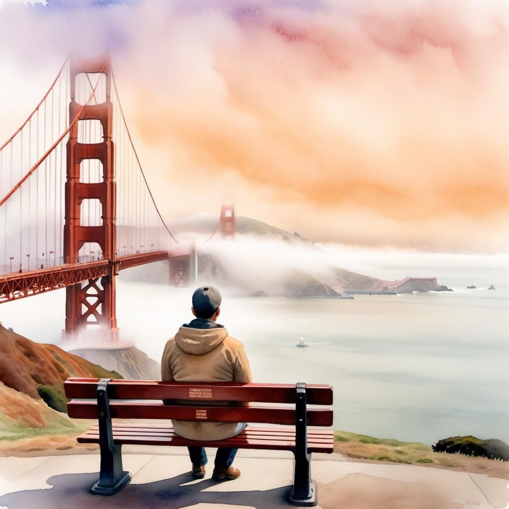 Golden Gate Bridge in Fog, Impressionist Watercolor