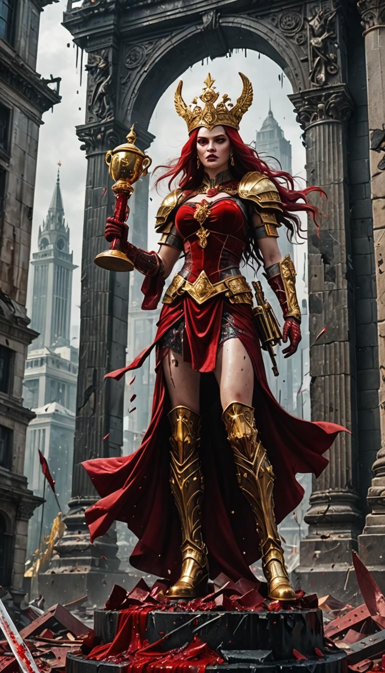 Victorious Red Goddess in Post-Apocalyptic City