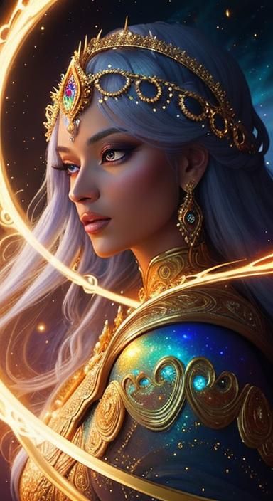 Celestial Woman and Warrior in Klimt-Inspired Chariot