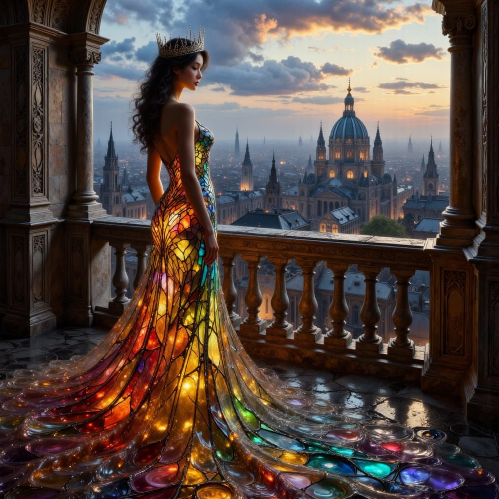 Queen in Stained Glass Gown Overlooks Gothic City