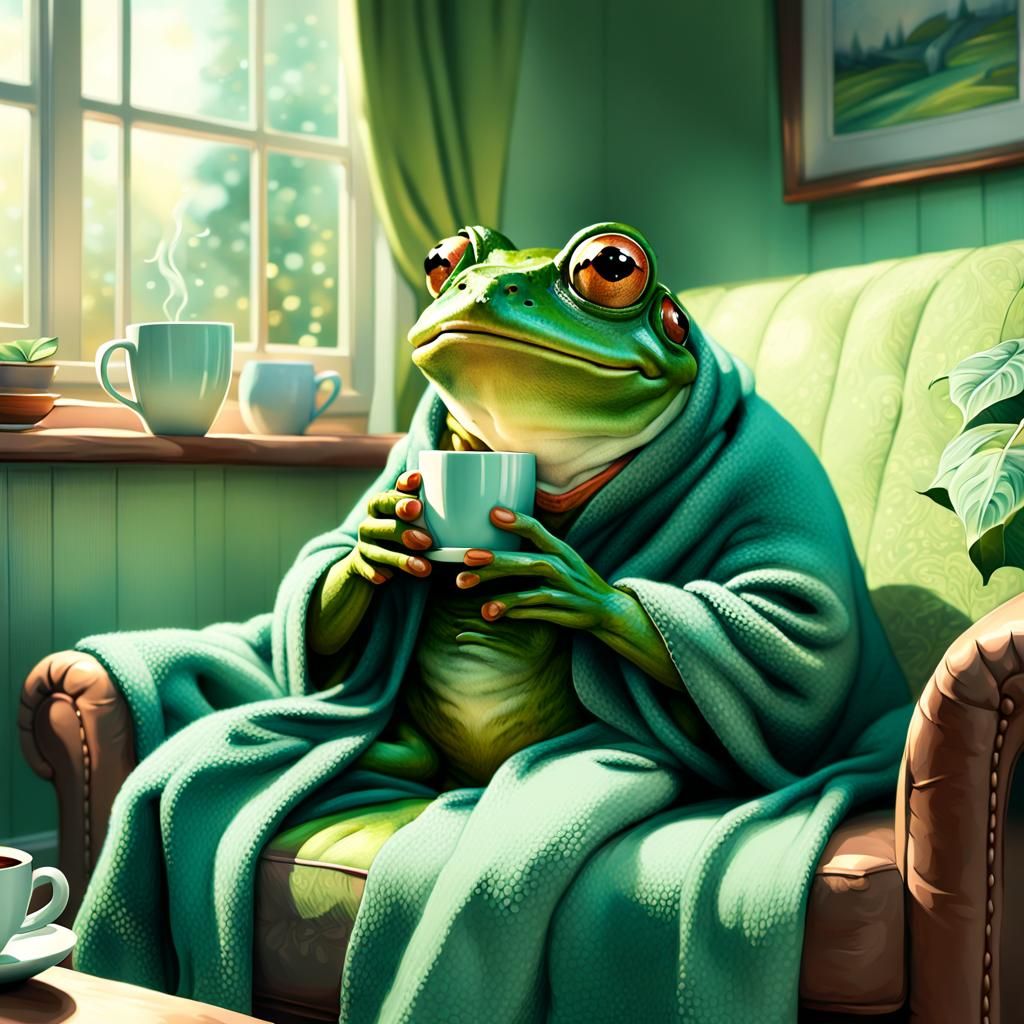 Cartoon Frog's Cozy Coffee Break: Whimsical Art