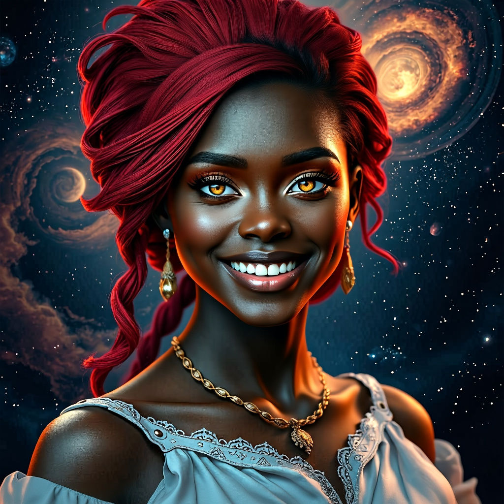 Stunning Portrait of Woman with Red Hair and Galaxy Backgrou...