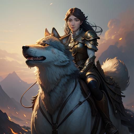 Anime Girl Riding Fire Wolves: Detailed Digital Portrait