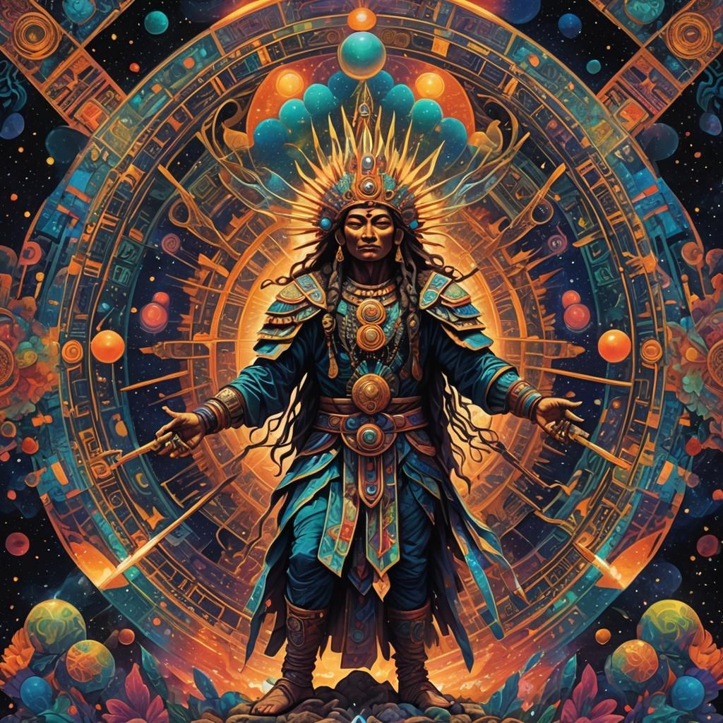 Illuminated Being with Swords in Cosmic Vortex