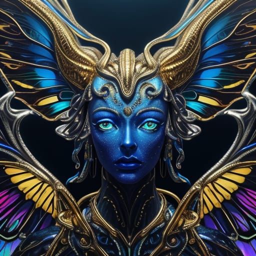 Surrealist Alien Portrait with Iridescent Wings