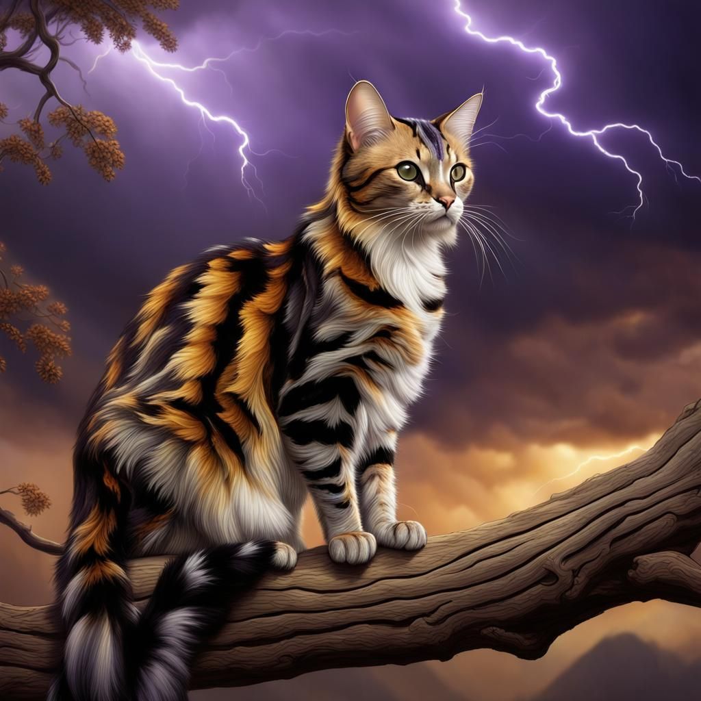 Elegant Marbled Cat Watching Lightning, Digital Art