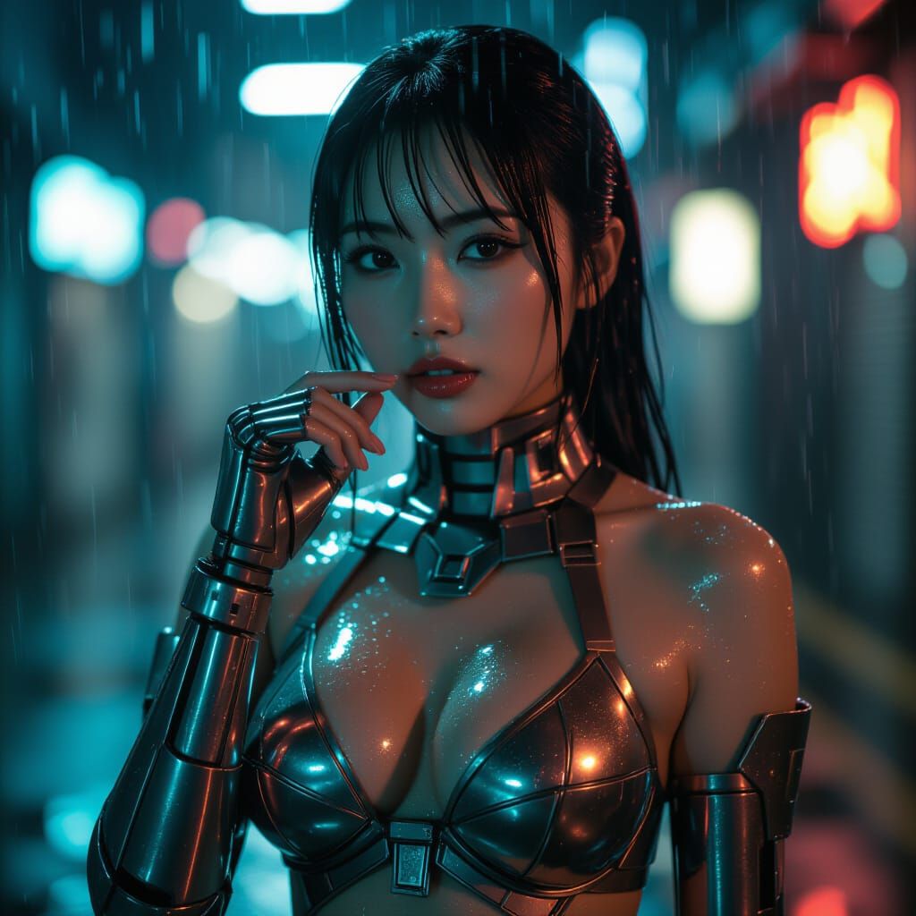 Woman in Mecha Bikini with Neon Noir Lighting