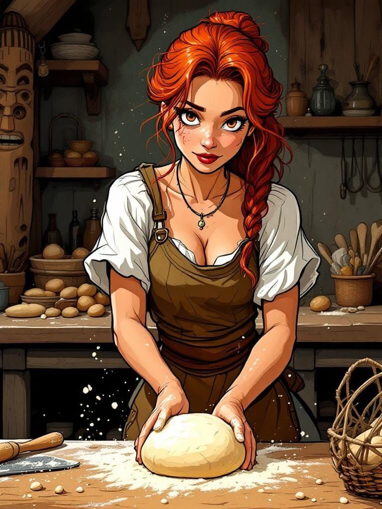 Redhead Baker Kneading Dough in Animated Style