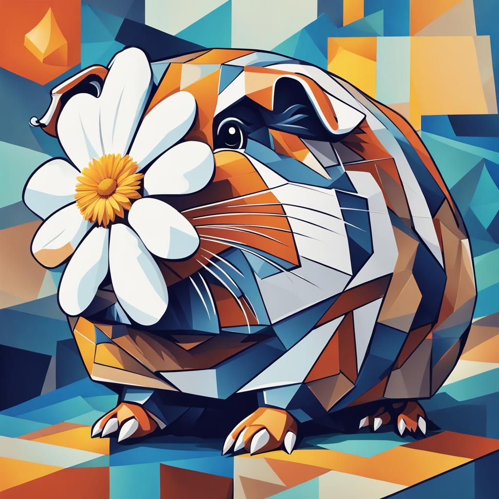 Robotic Guinea Pig and Daisy in Cubist Style
