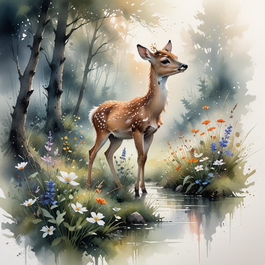 Fawn in Mist-Kissed Forest Clearing: Watercolour Art
