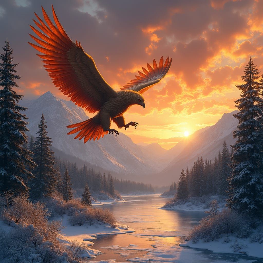 Regal Griffin Soars Over Snow-Capped Mountains at Sunset