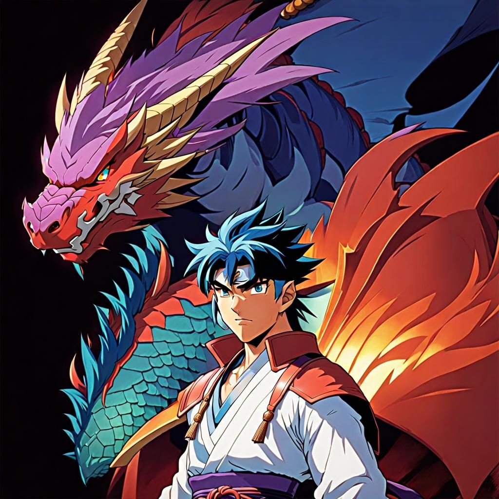 Ryu From Breath Of Fire With Dragon, Cel-Shaded Art